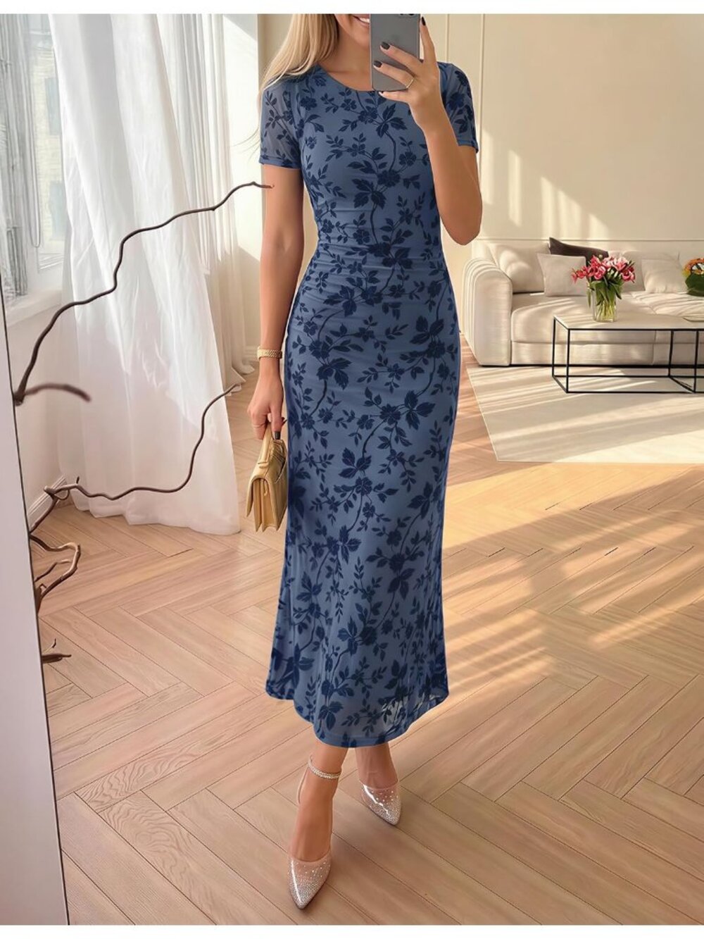 Women's Dusty Blue Floral Short Sleeve Bodycon Ruched Mesh Formal Maxi Dress - Picture 2 of 6